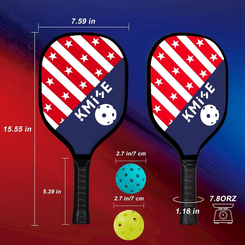 Kmise Pickleball Paddles Set of 4, 7.8oz Lightweight 9-ply Premium Wood Pickleball Racquet with 6 Indoor Outdoor Balls and Bag, Ergonomic Cushion Grip Pickleball Paddles Gifts for Men Women