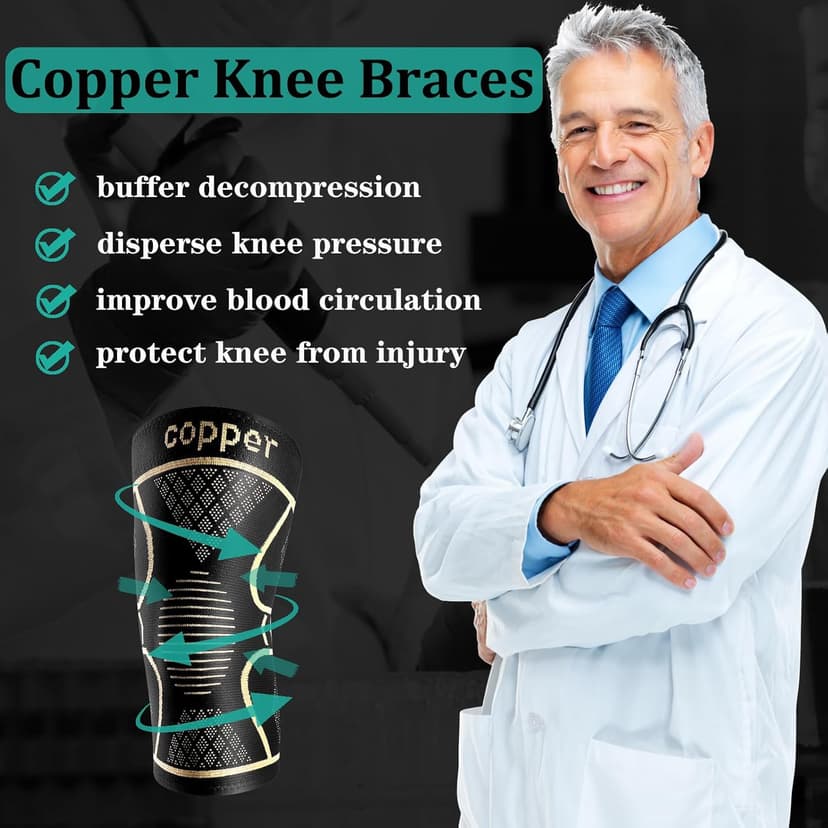 Copper Knee Braces for Women and Men 2 Pack, Knee Compression Sleeve for Knee Pain, Arthritis,ACL, Meniscus Tear, Joint Pain Relief, Knee Support for Running, Working Out, Fitness, Weightlifting-M
