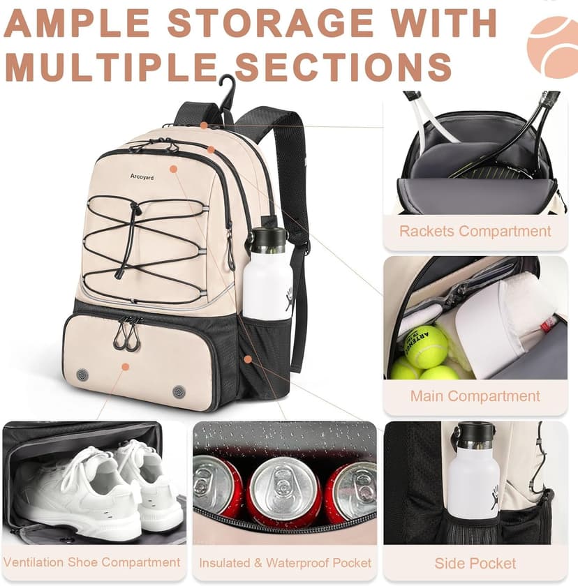 Tennis Bag Holds 2 Rackets, Professional Tennis Bags for Women, Tennis Backpack with Ventilated Shoe Compartment