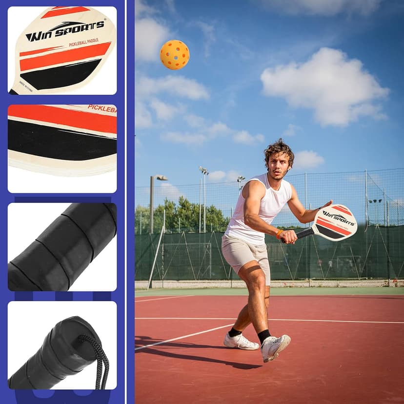 Wooden Pickleball Paddles Set 2 - Win SPORTS Beginner Racket,Pickle Ball Paddles with 2 Paddles,4 Balls and 1 Carry Bag,Durable and Classic (Choose Black and Wooden Version)