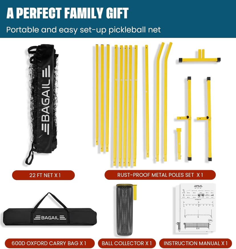 BAGAIL Portable Pickleball Net Set, 22 FT Regulation Size Pickle Ball Net with Ball Collector, Carry Bag, Easy Setup for Outdoor Indoor Driveway - Red