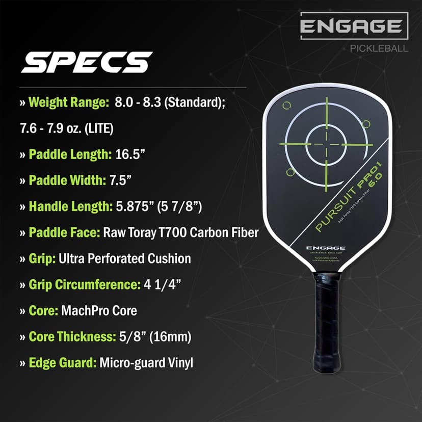 Engage Pursuit Pro1 6.0 Pickleball Paddle - Raw T700 Toray Carbon Fiber for Extreme Spin - MachPro Core for Maximum Power & Control