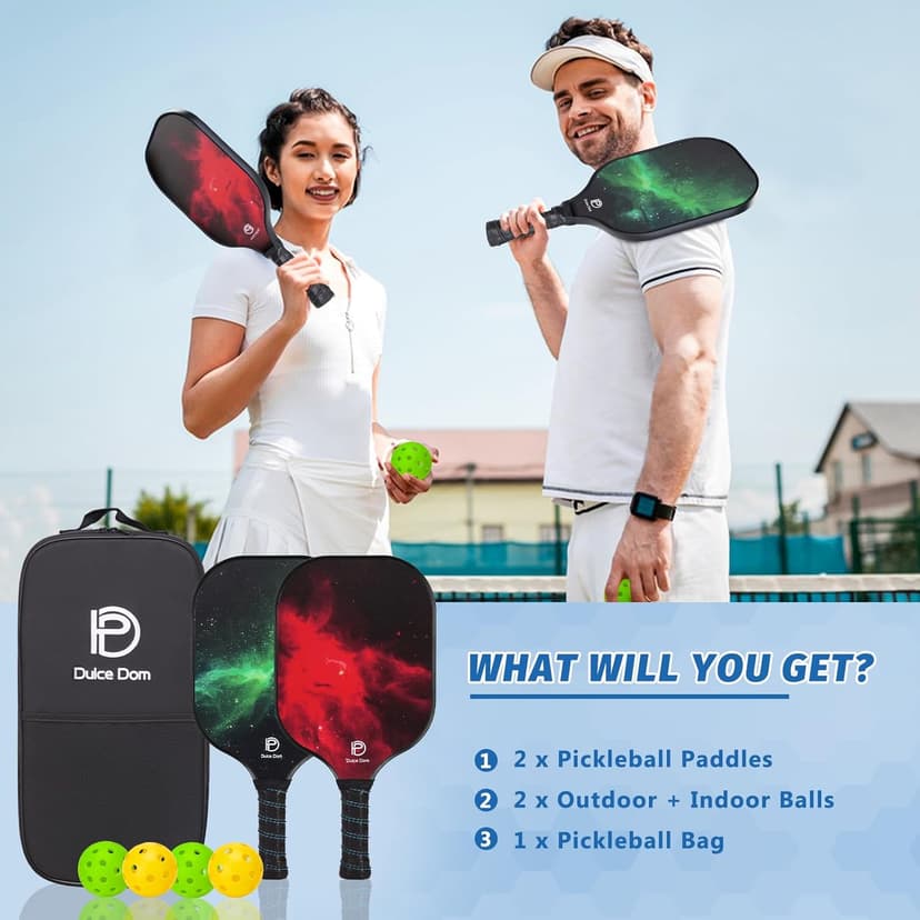 DULCE DOM Pickleball Paddles Set of 2/4 - USAPA Approved, Fiberglass Surface Pickleball Racket with 4 Indoor Outdoor Pickleball Balls and Pickleball Bag, Ideal Training Equipment Gift for Men & Women