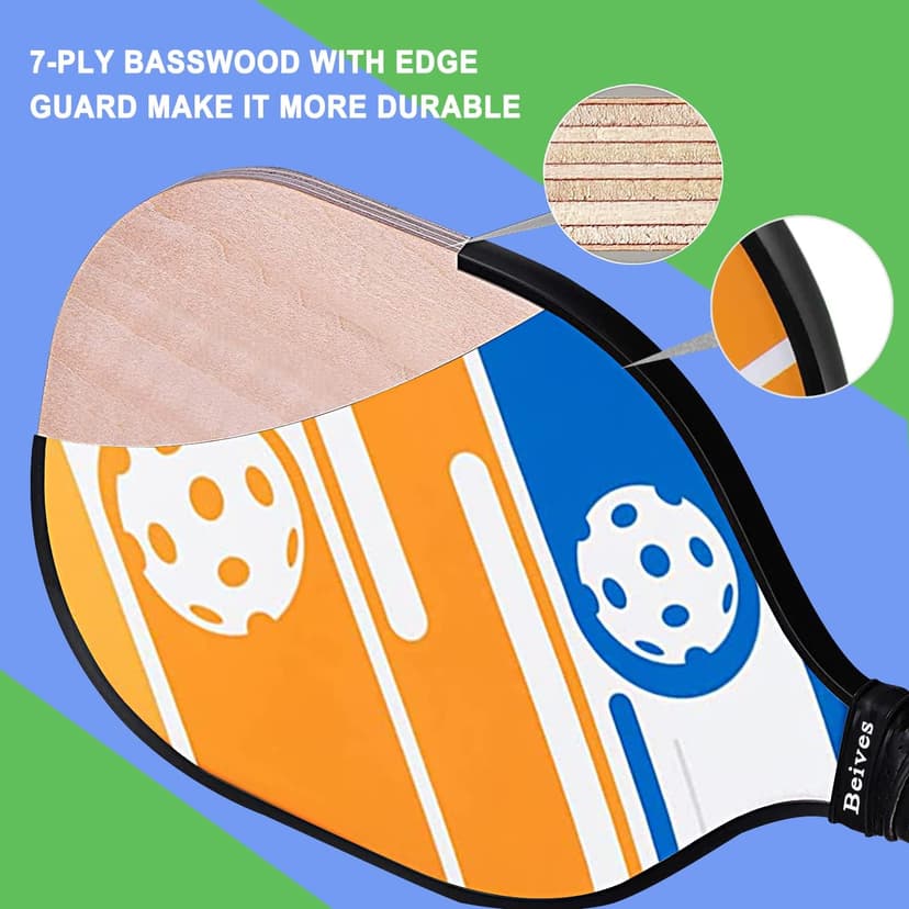Pickleball Paddles Pickleball Set 7-ply Basswood Wooden Pickleball Rackets Set of 4 with 6 Balls and 1 Carry Bag, Pickleball Equipment for Beginner to Intermediate with Extra Edge Guard