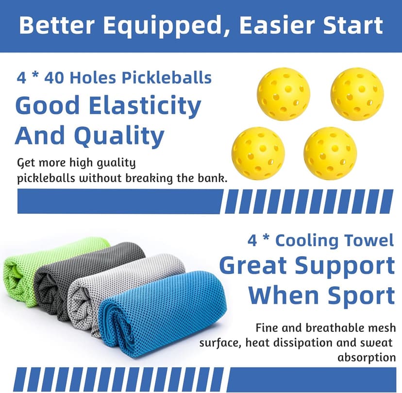 Pickleball Paddles, Pickleball Set with 4 Premium Wood Pickleball Paddles, 4 Pickleball Balls, 4 Cooling Towels & Carry Bag, Pickleball Rackets with Ergonomic Cushion Grip, Gifts for Men Women