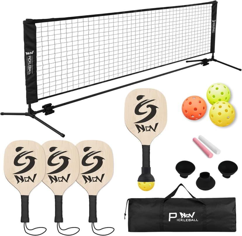 NQV Pickleball Set with Net,10FT Half Court Size Pickleball Net Portable Outdoor Indoor Driveway Home+4 Wood Paddles+4 Pickle Balls+4 Ball Retrievers, Pickleball Set for Adults Kids Beginners Pros