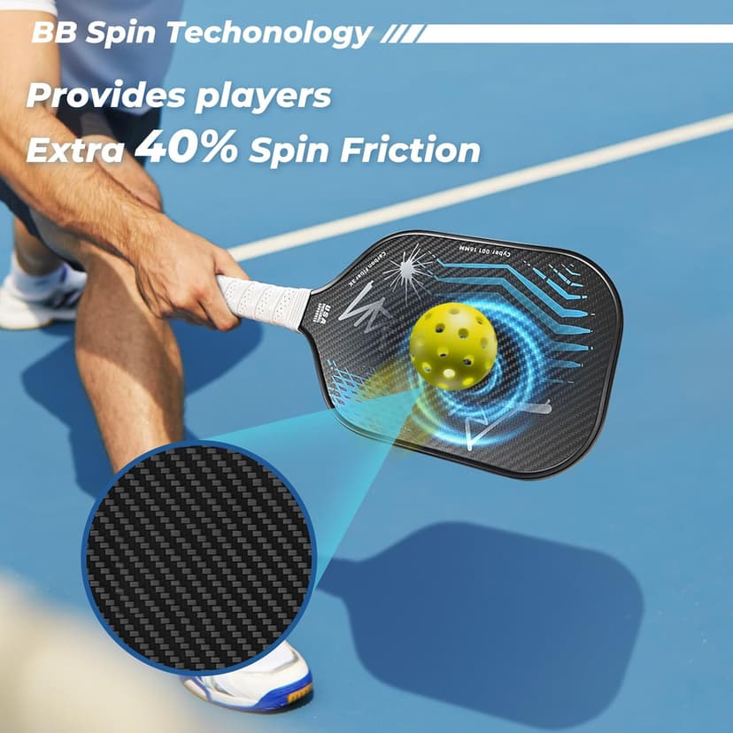 Pickleball Paddles,USA Pickleball Approved,Carbon Fiber Pickleball Paddle with 16MM Polymer Honeycomb Core Provides Lighter Weight&Higher Grit&Spin,Engineered for Professional Players,BlueBean