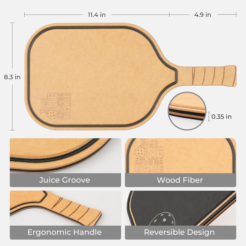 Pickleball Charcuterie & Cutting Board, Pickleball Gifts for Women Men, Wood Fiber 16 x 8.5, Paddle Shape with Handle, Dishwasher Safe, Reversible Design, Juice Groove "Just One More Game"