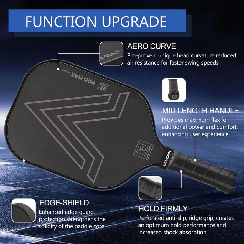 YC DGYCASI 16mm Pickleball Paddles Professional, 2025 USAPA Approved T700 Carbon Fiber Surface Pickle Paddle(CFS), Polypropylene Lightweight Honeycomb Core, Cushion Comfort Grip, with Cover Case Black