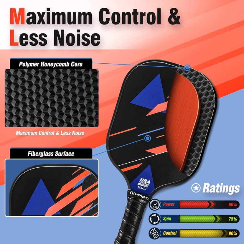 niupipo Pickleball Paddles Set of 2/4, USAPA Approved Lightweight Pickleball Rackets, Durable Fiberglass Surface with Polypropylene Honeycomb Core, Cushion Grip and Carry Bag