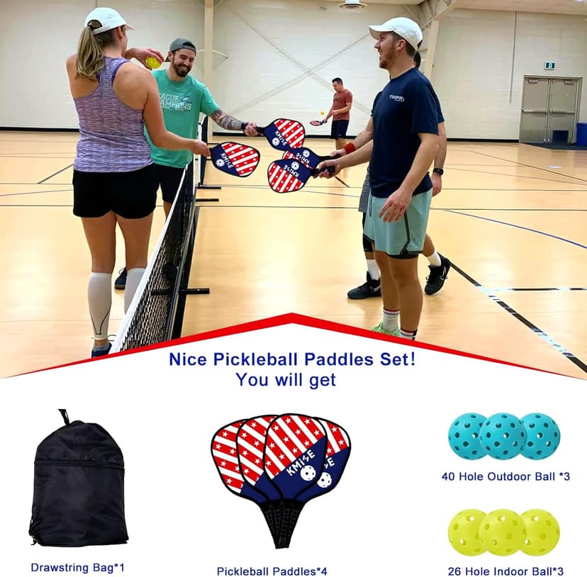 Kmise Pickleball Paddles Set of 4, 7.8oz Lightweight 9-ply Premium Wood Pickleball Racquet with 6 Indoor Outdoor Balls and Bag, Ergonomic Cushion Grip Pickleball Paddles Gifts for Men Women