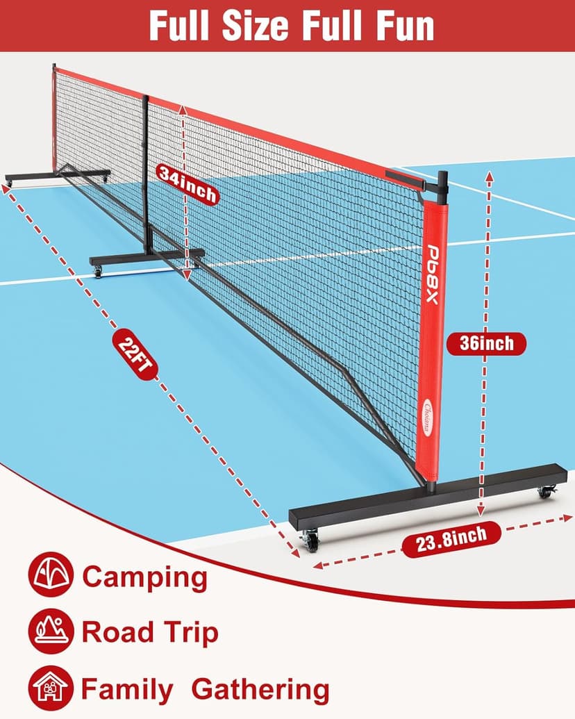 Portable Pickleball Net, Pickle Ball Net Outdoor with 22ft Regulation Size Net, Court Markers, Durable Frame PE Knited Pickleball Practice Net System for Backyard Driveway
