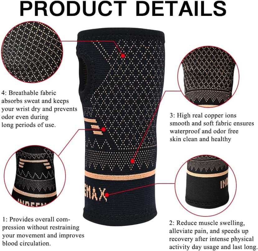 INDEEMAX Copper Wrist Compression Sleeve 1 Pair, Comfortable Hand Brace Support for Arthritis, Tendonitis, Sprains, Workout, Carpal Tunnel - Left & Right - Women and Men