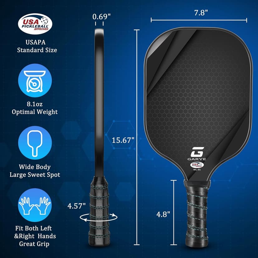 GARYE Pickleball Paddles Set, Carbon Fiber Pickle Ball Paddle, USAPA Approved Lightweight Rackets for Adults and Teenagers, Includes 6 Balls, 1 Bag, and 4 Grip Tapes.
