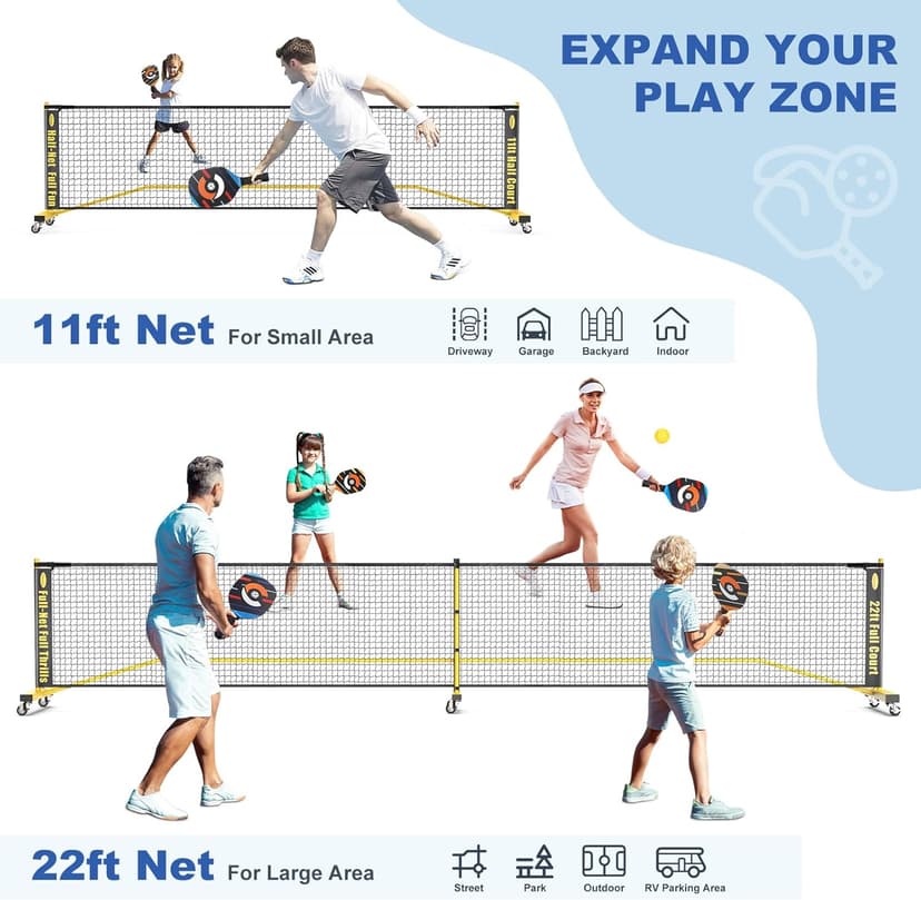 Pickleball Net Set, Portable Pickleball Set w/Wheels, 11ft & 22ft Regulation Size Pickel Ball Net, Set of 4 Balls and Paddles, Heavy Duty Frame for Backyard Driveway Outdoor