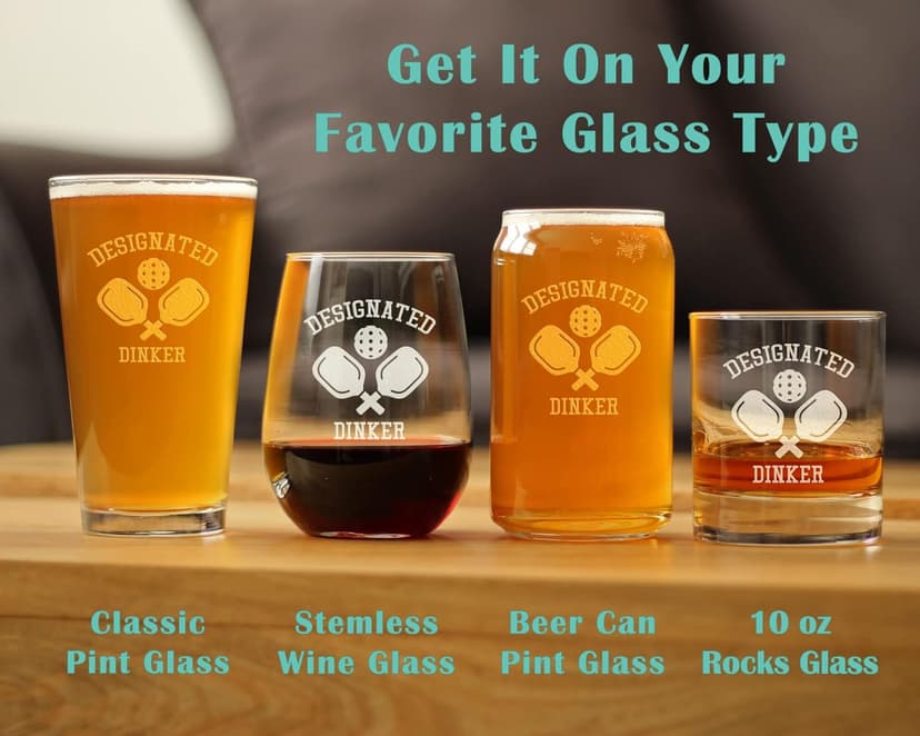 Designated Dinker - Pint Glass for Beer - Funny Pickleball Themed Decor and Gifts - 16 oz Glasses