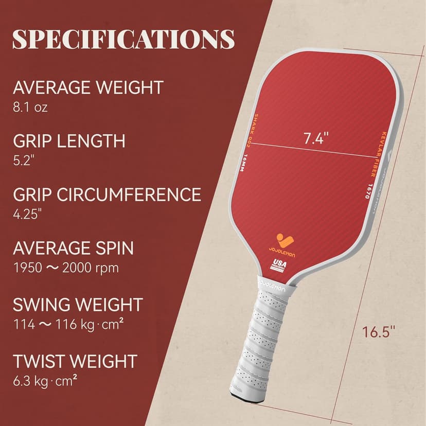 Pickleball Paddles, Carbon Fiber Pickleball Paddle with a 16mm Shark Power Polymer Core, The Pickleball Rackets Designed for Ultimate Spin & Consistency