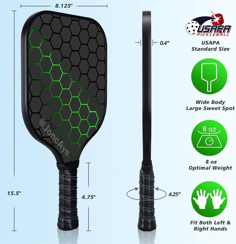 JoncAye Pickleball-Paddles-Set of 4 or 2 Rackets with Balls and Bag, USAPA Approved Pickle-Ball Equipment with Accessories, Fiberglass Graphite Pickleball Racquet Set for Men, Women, Kids, Adults
