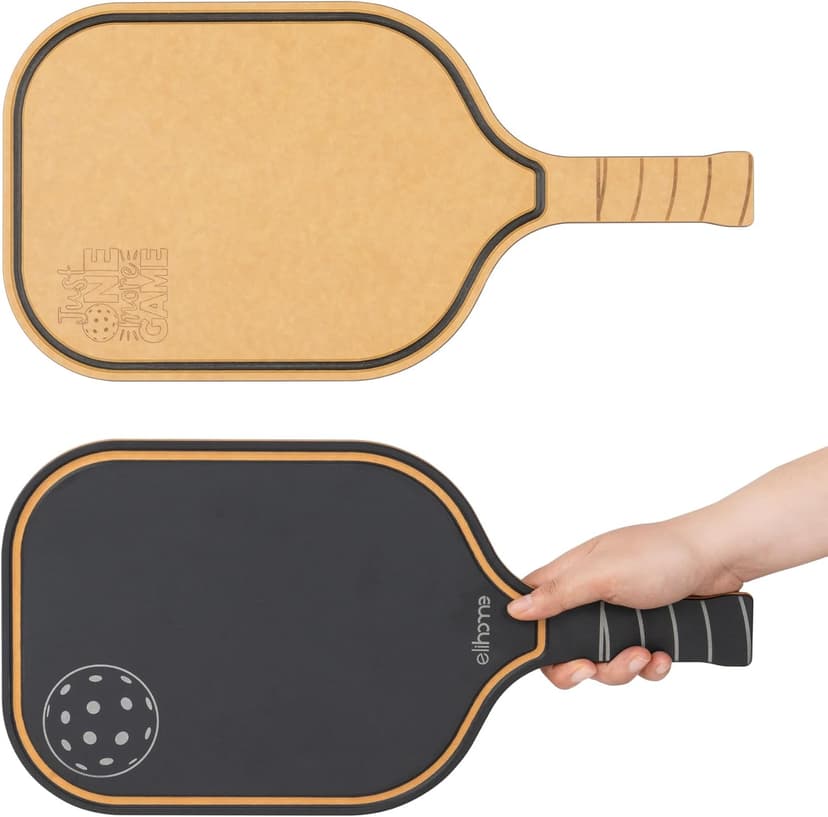 Pickleball Charcuterie & Cutting Board, Pickleball Gifts for Women Men, Wood Fiber 16 x 8.5, Paddle Shape with Handle, Dishwasher Safe, Reversible Design, Juice Groove "Just One More Game"