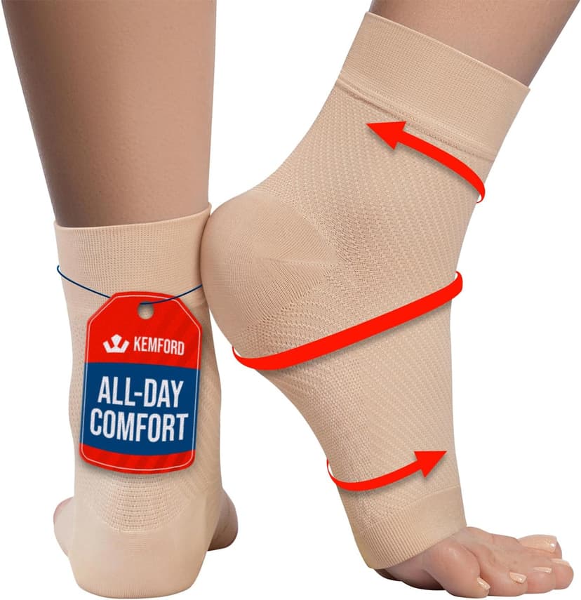 KEMFORD Ankle Compression Sleeve - Plantar Fasciitis Braces - Open Toe Compression Socks for Swelling, Sprain, Neuropathy, Foot Arch Support for Men and Women - 15-20mmhg, XL, Beige