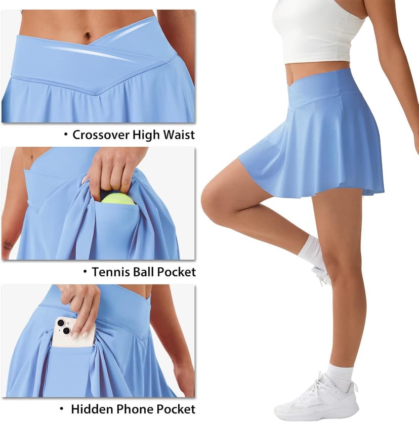 FireSwan Tennis Skirt for Women with Pockets Shorts Crossover High Waisted Pleated Golf Skorts Athletic Workout Skirts