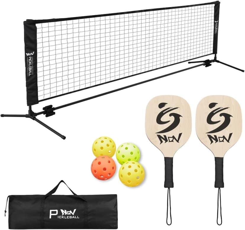 NQV Pickleball Set with Net-10FT Half Court Size Pickleball Net+Wood Pickleball Paddles+Pickle Balls+Ball Retrievers, Portable Outdoor Driveway Indoor for Adults Beginners