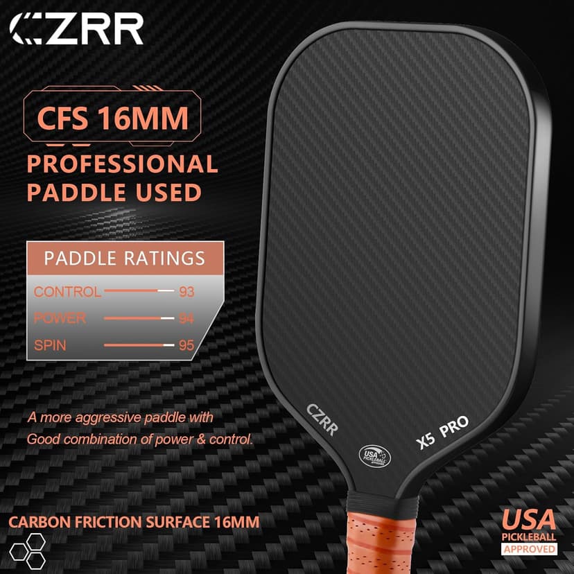 Pickleball Paddle, USA Pickleball Approved, 3K Raw Carbon Fiber Surface (CFS) High Grit & Spin, with 16MM Polypropylene Honeycomb Core, Ideal for Novice and Professional Players