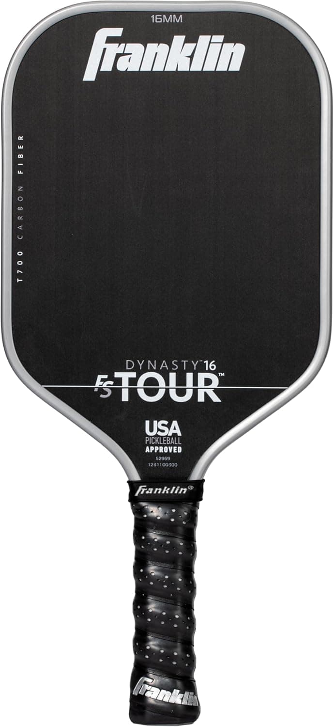 Franklin Sports Pro Pickleball Paddles - FS Tour Series Raw Carbon Fiber T700 - USA Pickleball Approved - Unibody Epoxy Resin Injected Edge - Dynasty + Tempo - 14mm/16mm Core - Gray, Blue + Pink