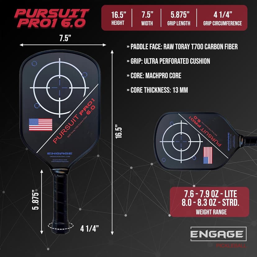 Engage Pursuit Pro1 6.0 Pickleball Paddle - Raw T700 Toray Carbon Fiber for Extreme Spin - MachPro Core for Maximum Power & Control (New, Standard Weight (8.0-8.3 Ounce))