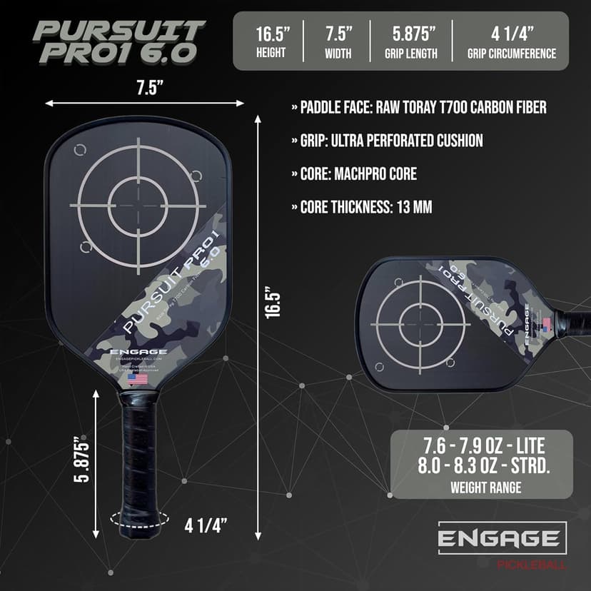Engage Pursuit Pro1 6.0 Pickleball Paddle - Raw T700 Toray Carbon Fiber for Extreme Spin - MachPro Core for Maximum Power & Control