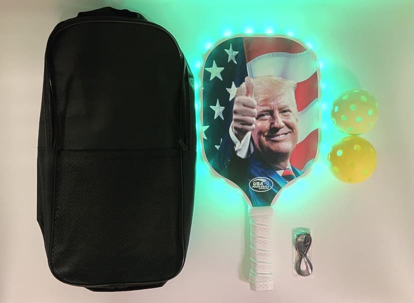 Donald Trump LED Pickleball Paddles Glow in The Dark Starter Set, Lightweight Fiberglass Honeycomb Racket, Bright Pickle Green LED Edge Lighting, Carrying Bag, Indoor Outdoor Balls
