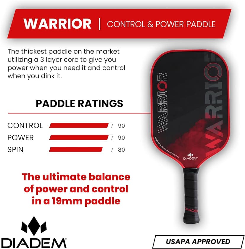 Diadem Warrior Pickleball Paddle | Carbon Fiber Face, 3X L-Core Hybrid Nomex Polymer Honeycomb Core, Grit Paint Surface for Spin, Control and Power | Indoor/Outdoor | USAPA Approved