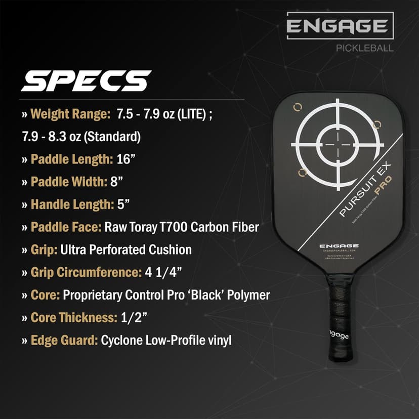 Engage Pursuit Pro EX Pickleball Paddle – Widebody Shape, Raw T700 Toray Carbon Fiber Face, 13mm Control Pro “Black” Core, Vortex Barrier Edge Technology Limits Vibration