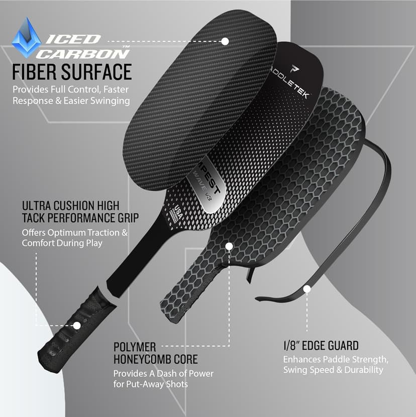 Paddletek Tempest Wave V3 Pickleball Paddle | Professional Pickleball Paddles with Polymer Honeycomb Core, ICED Carbon Fiber Surface, Tempest PolyCore & High Tack Performance Grip | USAPA Approved