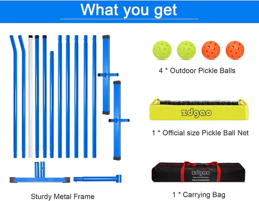 Zdgao Pickleball Net for Driveway with 22FT Regulation Size Pickleball Net, 4 Outdoor Pickleballs and Carry Bag, Weather Resistance Strong Steel Frame