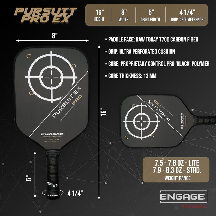 Engage Pursuit Pro EX Pickleball Paddle – Widebody Shape, Raw T700 Toray Carbon Fiber Face, 13mm Control Pro “Black” Core, Vortex Barrier Edge Technology Limits Vibration