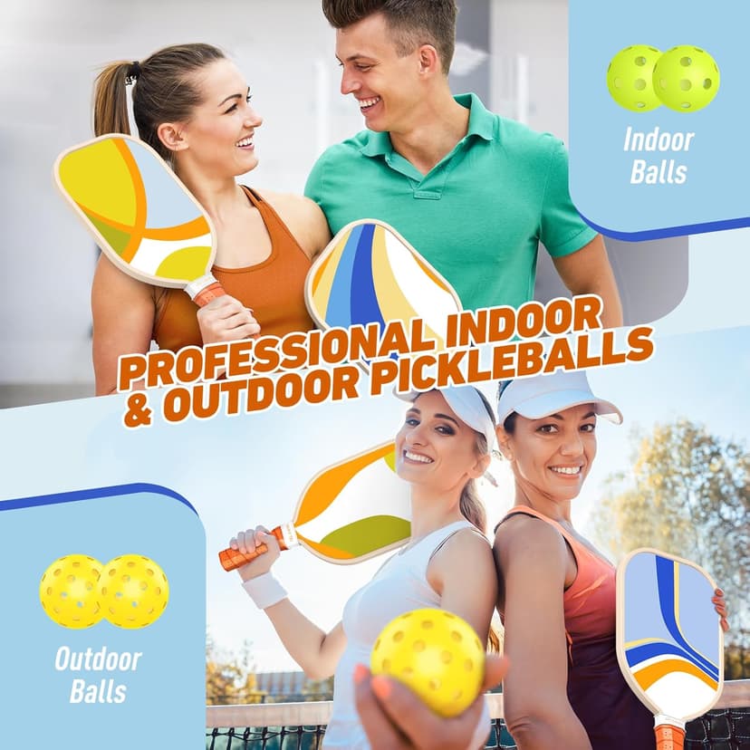 Pickleball Paddles Set of 4, Premium Wood with 4 Indoor & Outdoor Pickleball Balls and 1 Carry Bag, Pickleball Rackets with Ergonomic Cushion Grip for Beginner & Professional Gifts for Women Men Youth