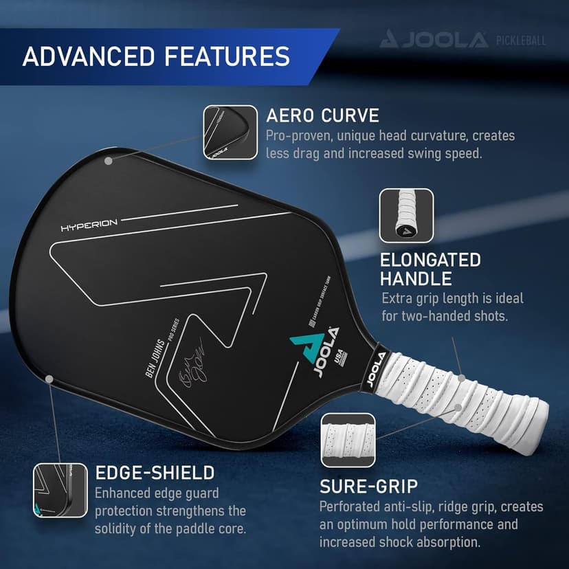 JOOLA Ben Johns Hyperion CGS Pickleball Paddle - Textured Carbon Grip Surface Technology for Spin & Control with Added Power - Polypropylene Honeycomb Core Pickleball Racket
