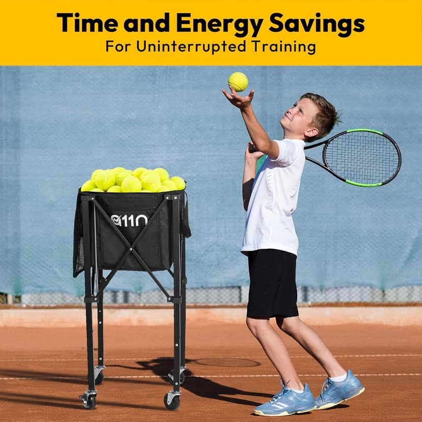 A11N Pickleball Tennis Ball Hopper - Sturdy Large Capacity Tennis Ball Basket Holds 120 Balls, Upgraded Pickleball Caddy Practice Equipment/Multifunction Pockets and Wheels for Training/Teaching