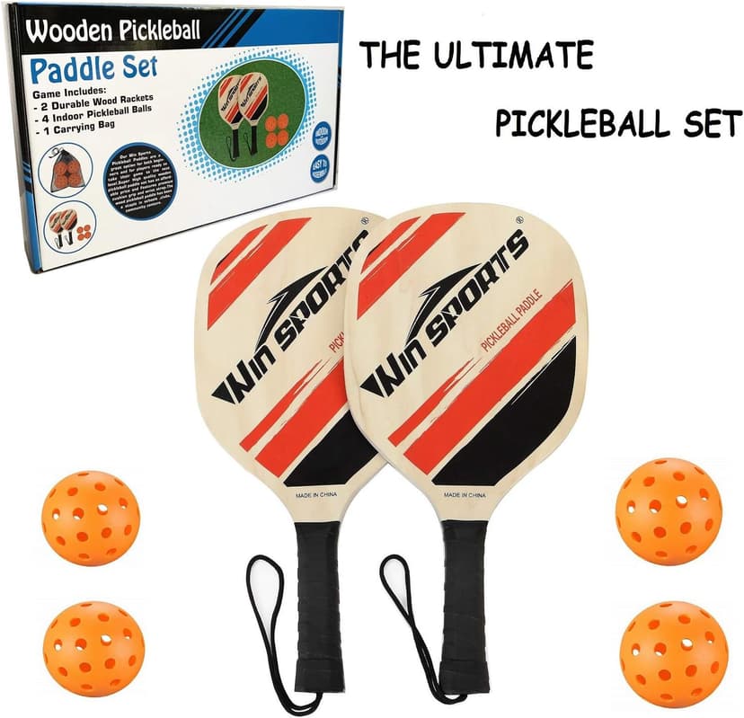 Wooden Pickleball Paddles Set 2 - Win SPORTS Beginner Racket,Pickle Ball Paddles with 2 Paddles,4 Balls and 1 Carry Bag,Durable and Classic (Choose Black and Wooden Version)