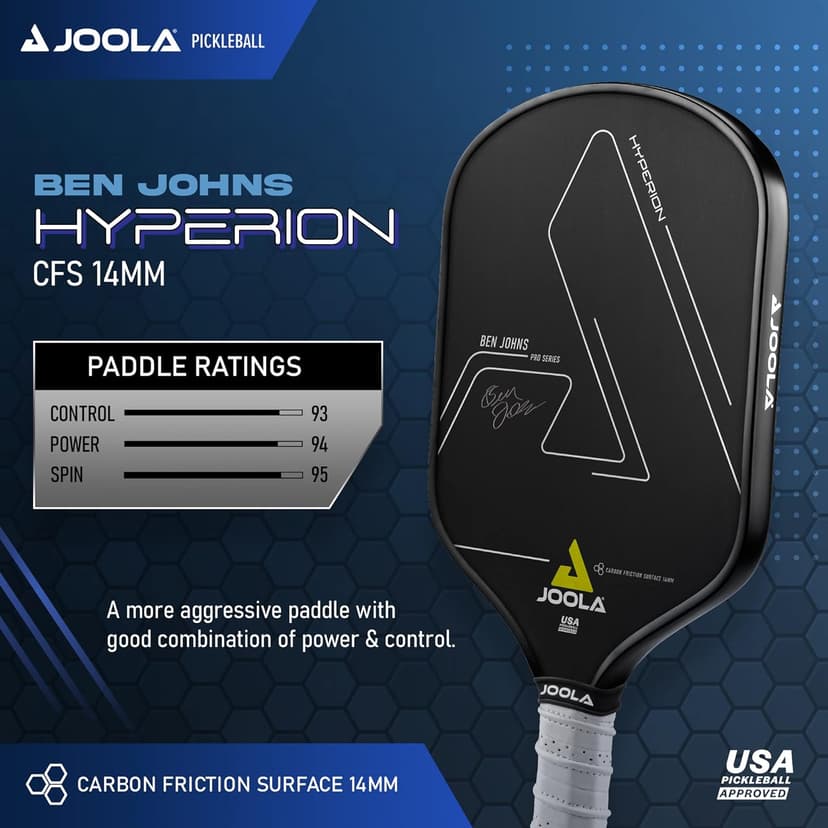 JOOLA Ben Johns Hyperion CFS Pickleball Paddle - Official Ben Johns Paddle - USAPA Approved Racket for Tournament Play - Edge to Edge Sweet Spot, Durable Max Spin Surface & Elongated Handle