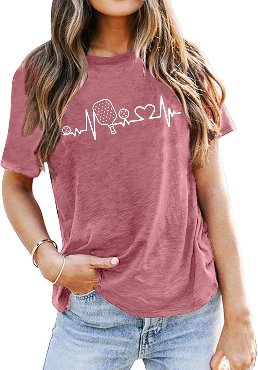 LAZYCHILD Pickleball Shirts Women Heartbeat Graphic T-Shirt for Pickleball Lover Gift Shirt