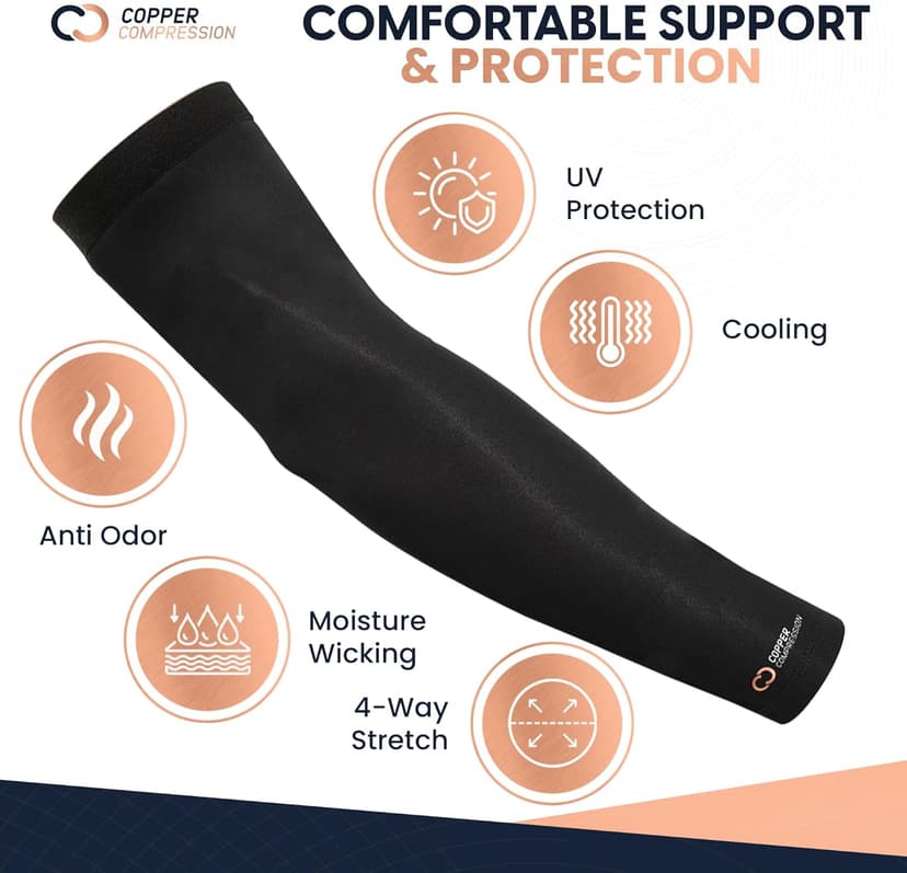 Copper Compression Arm Sleeve - Copper Infused Full Arm Brace for Forearm, Bicep, Triceps - Tennis Elbow, Basketball, Golf, Arthritis, Tendonitis, Bursitis, Post Surgery Rehab - Black - S