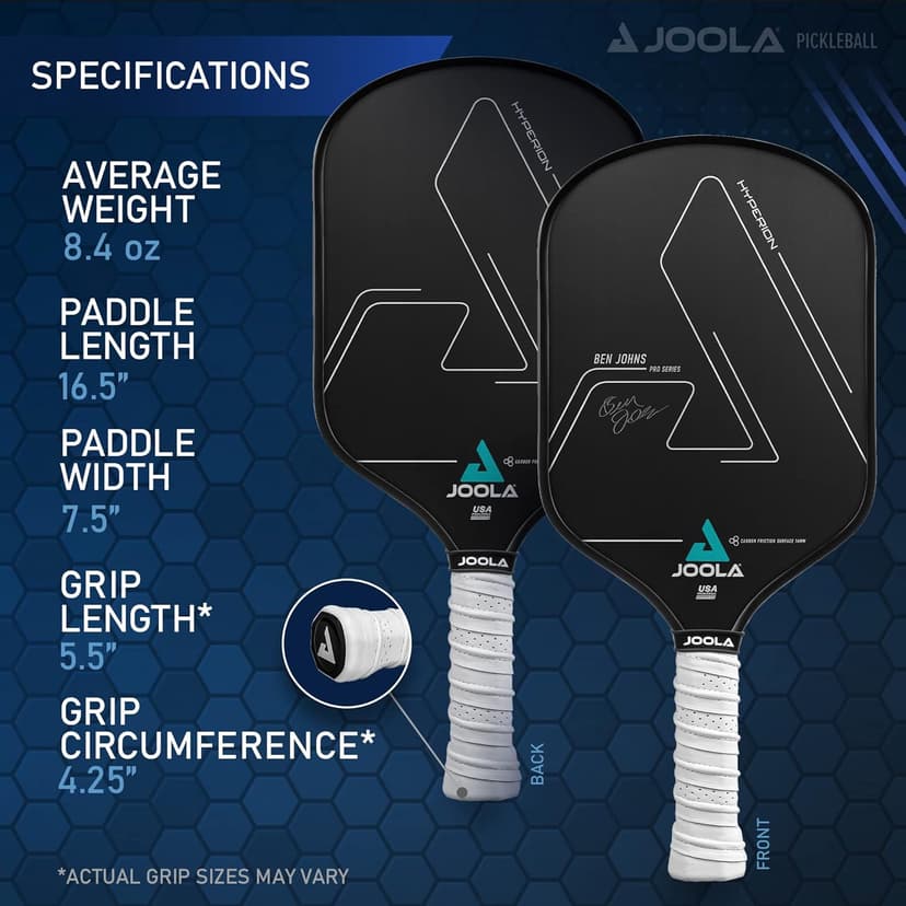 JOOLA Ben Johns Hyperion Pickleball Paddle - Carbon Surface & Sure-Grip Elongated Handle - Increased Power and Spin - Carbon Fiber Pickleball Paddle - Honeycomb Polypropylene Core - USAPA Approved