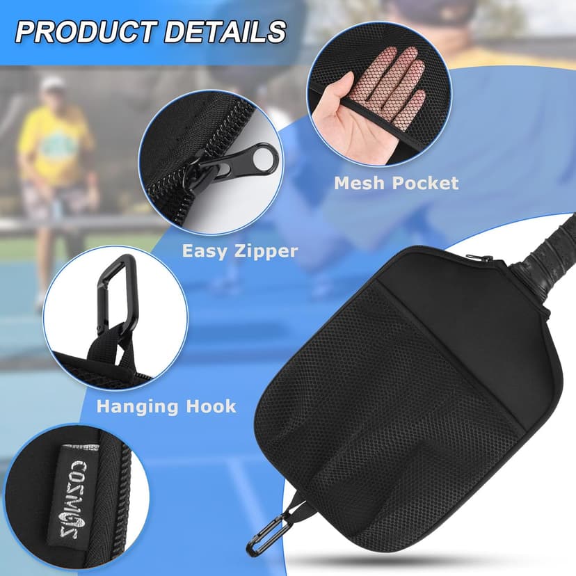 Cosmos 2 Pcs Pickleball Paddle Cover Paddle Case Bag Pickleball Racket Sleeve and Ball Storage Mesh Pocket for Pickle Ball Equipment Accessories Storage & Carrying, with Fence Hook
