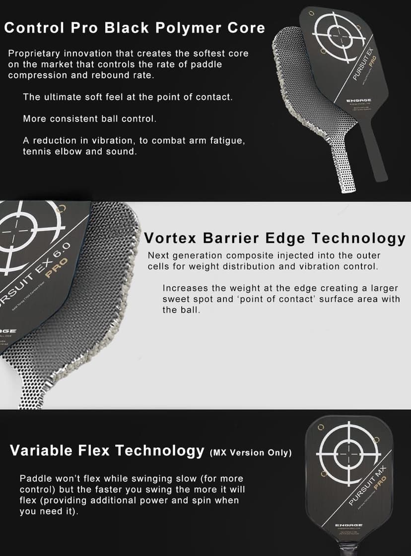Engage Pursuit Pro EX Pickleball Paddle – Widebody Shape, Raw T700 Toray Carbon Fiber Face, 13mm Control Pro “Black” Core, Vortex Barrier Edge Technology Limits Vibration