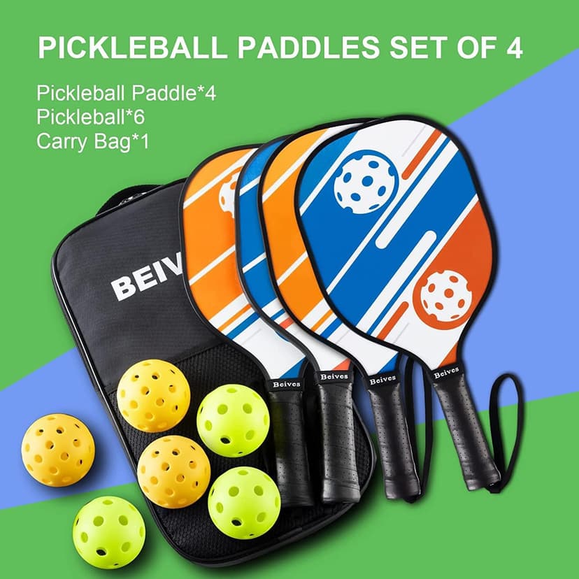 Pickleball Paddles Pickleball Set 7-ply Basswood Wooden Pickleball Rackets Set of 4 with 6 Balls and 1 Carry Bag, Pickleball Equipment for Beginner to Intermediate with Extra Edge Guard