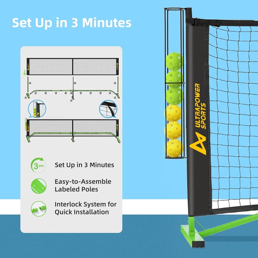 Pickleball Net Portable Outdoor Pickleball Net for Driveway 22ft Portable Pickle Ball Net Set with 4 Pickle Balls, Ball Holder, Lines Court Markers, Carrying Bag, 22ft Outdoor Pickle Ball Set with Net
