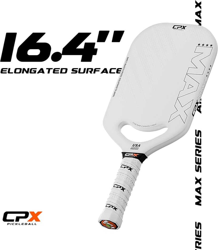 CPX MAX Series Raw Carbon Fiber T700 Pickleball Elongated Paddle Racket - Professional Grade, 14mm Core Thickness, Comfortable Tennis Style Grip - Durable Pickleball Paddle Designed in Chicago, USA
