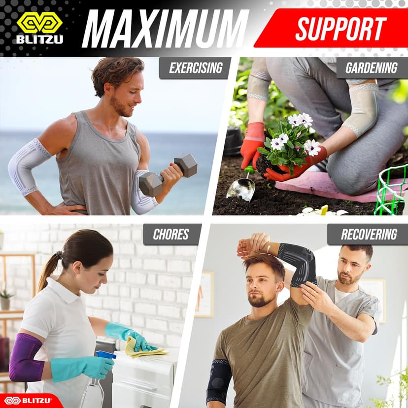 BLITZU 2 Pack Elbow Compression Sleeve, Tennis Elbow Brace Support for Golfer's, Arthritis, Bursitis & Tendonitis Treatment & Pain. Great for Gym Workout, Weightlifting. Black Large.